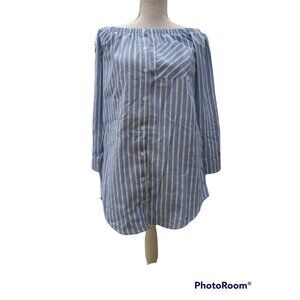 Blue White Stripes Off Shoulder Tunic Dress Button Front Roll Tab Sleeves